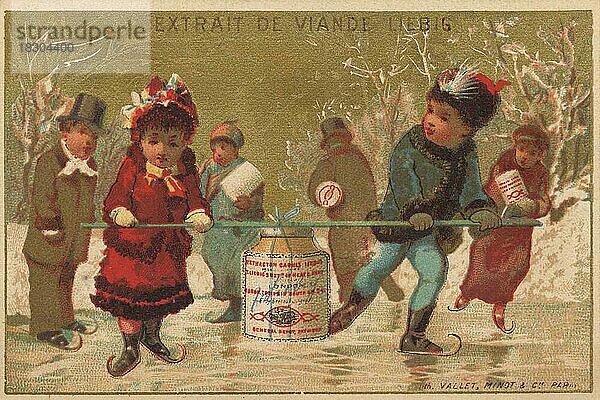 Serie Genrebilder VIII  Paris  1878  Knabe und Mädchen laufen Schlittschuh  Liebigbild  historisch  digital restaurierte Reproduktion eines Sammelbildes von ca 1900