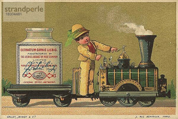 Serie Genrebilder 3 (1873 bis 1878) (Paris) Lokführer  Kind steht auf einer kleinen Lok  am Tender steht ein Liebig Glas  Lokomotive  Liebigbild  historisch  digital restaurierte Reproduktion eines Sammelbildes von ca 1900