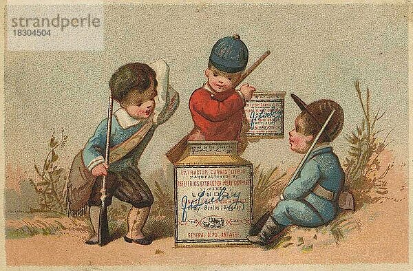 Serie Genrebilder 2 (1873 bis 1878) (Paris) Kinder spielen mit einem Liebig Glas  drei Jäger mit dem Liebigtopf  Liebigbild  historisch  digital restaurierte Reproduktion eines Sammelbildes von ca 1900