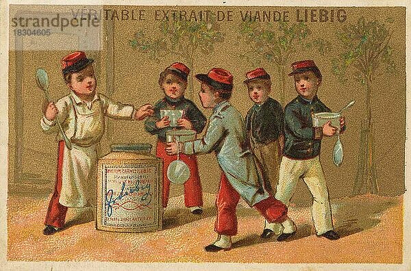 Serie Genrebilder VI  Paris  1878  Frankreich  Französische Soldaten erhalten Suppe  Liebigbild  historisch  digital restaurierte Reproduktion eines Sammelbildes von ca 1900  Europa