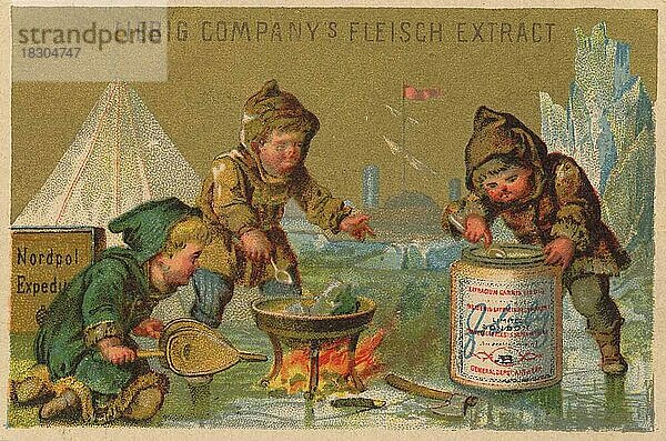 Serie Genrebilder XII.  Paris  1878  Nordpolexpedition kocht Suppe  Liebigbild  historisch  digital restaurierte Reproduktion eines Sammelbildes von ca 1900