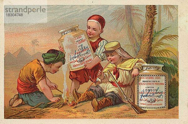 Serie Genrebilder 1 (1873 bis 1878) (Paris) Kinder in Ägypten machen ein kleines Lagerfeuer um ein Liebig Glas zu erwärmen  Pfeife rauchender Afrikareisender  Liebigbild  historisch  digital restaurierte Reproduktion eines Sammelbildes von ca 1900