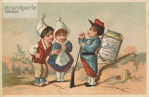 Serie Genrebilder 2 (1873 bis 1878) (Paris) Französischer Soldat mit einem Bauernpaar  Kinder  Liebigbild  historisch  digital restaurierte Reproduktion eines Sammelbildes von ca 1900