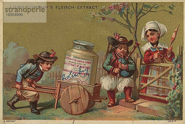 Serie Elsässische Volksszenen  Elsaß (1878) (Paris)  Frau mit Spindel  Junge schiebt eine Karre mit Liebigtopf  Liebigbild  historisch  digital restaurierte Reproduktion eines Sammelbildes von ca 1900