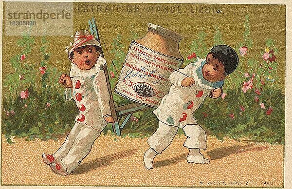 Serie Genrebilder IX  Paris  1878  Pierrot mit Kiepe  ein zweiter stiehlt den Liebigtopf  Liebigbild  historisch  digital restaurierte Reproduktion eines Sammelbildes von ca 1900