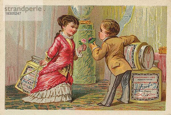 Serie Genrebilder 1 (1873 bis 1878) (Paris) Kinder als Kavalier  Herr beschenkt Dame im Salon  Liebigbild  historisch  digital restaurierte Reproduktion eines Sammelbildes von ca 1900