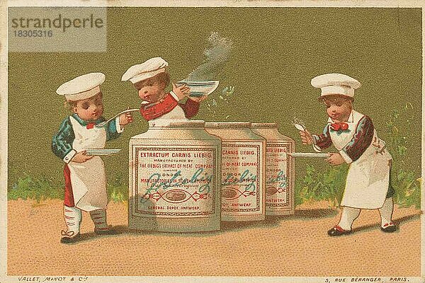 Serie Genrebilder 4 (1873 bis 1878) (Paris) drei Köche füllen Suppe aus Liebigtöpfen  Liebigbild  historisch  digital restaurierte Reproduktion eines Sammelbildes von ca 1900