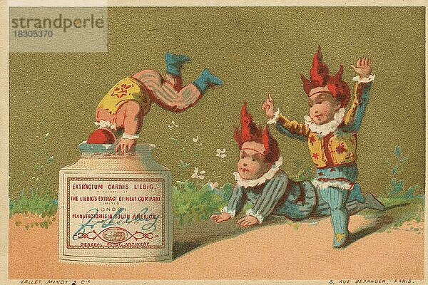 Serie Genrebilder 5 (1873 bis 1878) (Paris) Kinder als Clown verkleidet mit einem Liebig Glas  Clown springt kopfüber in einen Liebigtopf  Liebigbild  historisch  digital restaurierte Reproduktion eines Sammelbildes von ca 1900