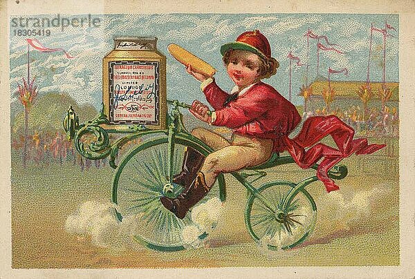 Serie Genrebilder 1 (1873 bis 1878) (Paris) ein Kind  Knabe fährt auf einem Fahrrad und hat im Gepäckträger eine Liebigdose  Liebigbild  historisch  digital restaurierte Reproduktion eines Sammelbildes von ca 1900
