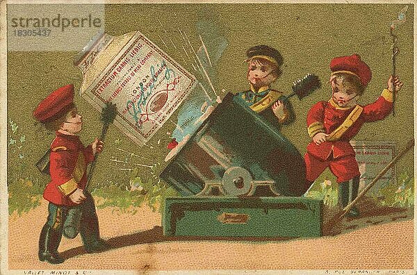 Serie Genrebilder 5 (1873 bis 1878) (Paris) ein Liebig Glas als Kanonenkugel bei jugendlichen Kanonieren  aus Mörser gefeuert  Liebigbild  historisch  digital restaurierte Reproduktion eines Sammelbildes von ca 1900