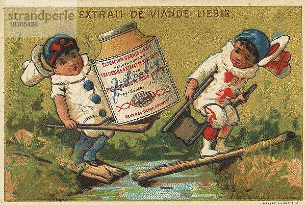 Serie Genrebilder IX  Paris  1878  zwei Pierrots auf einem Steg der bricht  Liebigbild  historisch  digital restaurierte Reproduktion eines Sammelbildes von ca 1900
