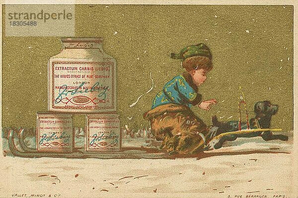 Serie Genrebilder 5 (1873 bis 1878) (Paris) Kind transportiert auf einem Hundeschlitten Liebig Gläser  Liebigbild  historisch  digital restaurierte Reproduktion eines Sammelbildes von ca 1900