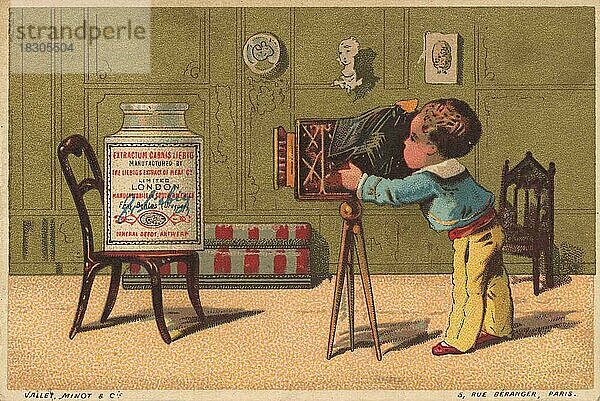 Serie Genrebilder 3 (1873 bis 1878) (Paris) Kind mit einer Plattenkamera fotografiert ein Liebig Glas  Fotograf  Liebigbild  historisch  digital restaurierte Reproduktion eines Sammelbildes von ca 1900