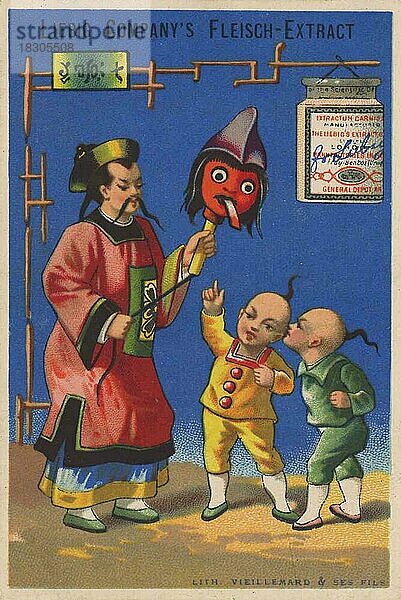 Bilderserie Chinesen II  1883  Paris  Mann mit Maske und zwei Kindern  Liebigbild  historisch  digital restaurierte Reproduktion eines Sammelbildes von ca 1900
