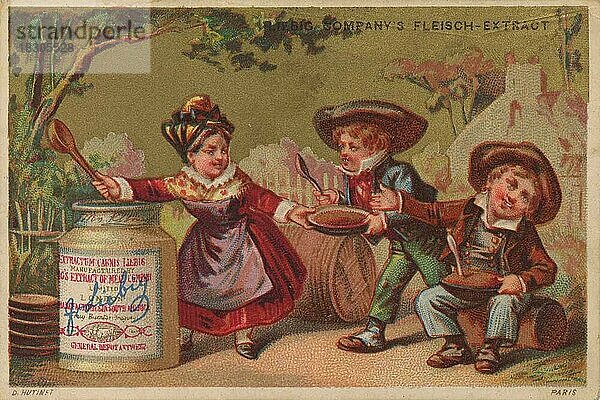 Serie Elsässische Volksszenen  Elsaß (1878) (Paris)  Frau gibt an zwei Jungen Suppe aus  Liebigbild  historisch  digital restaurierte Reproduktion eines Sammelbildes von ca 1900