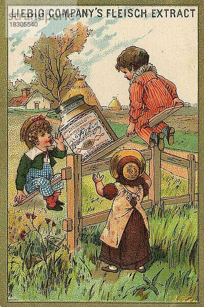 Bilderserie Kinderspiele I. (Paris) (1873 bis 1880)  Kinder spielen auf einer Wippe  Liebigbild  historisch  digital restaurierte Reproduktion eines Sammelbildes von ca 1900