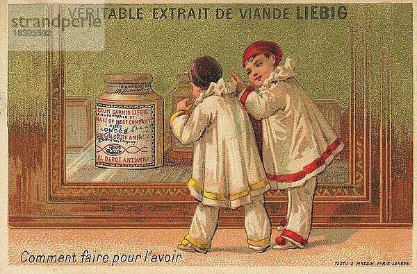 Bilderserie Diebstahl I.  zwei Pierrots  1883  Paris  Wie kommen wir dran?  Liebigbild  historisch  digital restaurierte Reproduktion eines Sammelbildes von ca 1900
