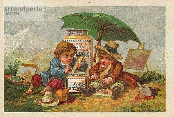 Serie Genrebilder 1 (1873 bis 1878) (Paris) Zwei Kinder als Landschaftsmaler haben die Farbe in einem Liebig Glas angemischt  zwei Maler essen unter Sonnenschirm  Liebigbild  historisch  digital restaurierte Reproduktion eines Sammelbildes von ca 1900