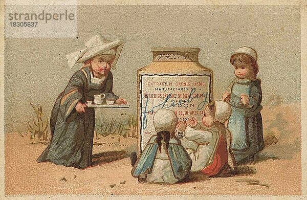 Serie Genrebilder 2 (1873 bis 1878) (Paris) Kinder spielen Nonne bewirtet drei Kinder  Liebigbild  historisch  digital restaurierte Reproduktion eines Sammelbildes von ca 1900