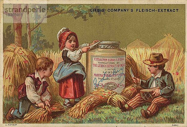 Serie Elsässische Volksszenen  Elsaß (1878) (Paris)  drei Kinder bei der Getreideernte  Liebigbild  historisch  digital restaurierte Reproduktion eines Sammelbildes von ca 1900