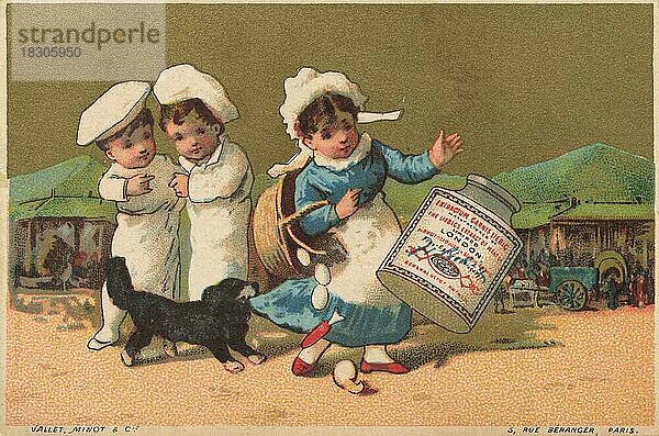 Serie Genrebilder 3 (1873 bis 1878) (Paris) Kinder spielen mit einem Liebig Glas  ein kleiner Hund hält das Mädchen am Kleid fest und beißt die Köchin  zwei Matrosen amüsieren sich darüber  Liebigbild  historisch  digital restaurierte Reproduktion eines Sammelbildes von ca 1900