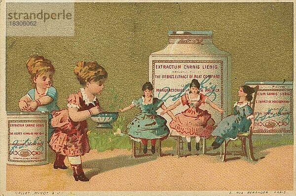 Serie Genrebilder 4 (1873 bis 1878) (Paris) Kinder wollen ihre Puppen mit einer Suppe füttern  Liebig Glas  zwei Mädchen speisen drei Puppen  Liebigbild  historisch  digital restaurierte Reproduktion eines Sammelbildes von ca 1900