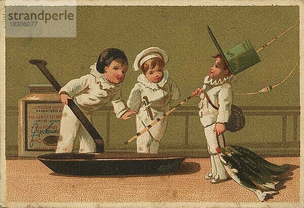Bilderserie Pierrots  Schwarzkappen (1873 Paris)  Pfanne für Bratfisch  kleine Köche  Liebigbild  historisch  digital restaurierte Reproduktion eines Sammelbildes von ca 1900