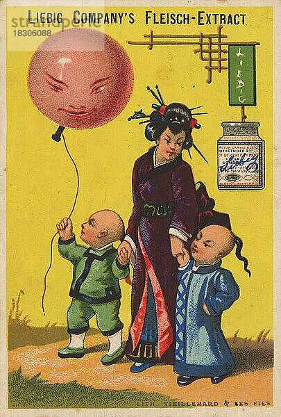 Bilderserie Chinesen II  1883  Paris  Frau mit zwei Kindern und einem Ballon  Liebigbild  historisch  digital restaurierte Reproduktion eines Sammelbildes von ca 1900