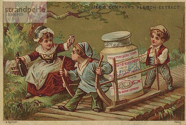 Serie Elsässische Volksszenen  Elsaß (1878) (Paris)  zwei Jungen mit einem Holzschlitten  Frau mit Getränk  Liebigbild  historisch  digital restaurierte Reproduktion eines Sammelbildes von ca 1900