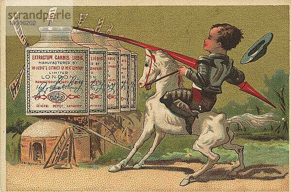 Serie Genrebilder 3 (1873 bis 1878) (Paris) Reiter stoppt vor einem Hindernis aus Liebig Gläsern  Don Quichotte und die Windmühlen  Liebigbild  historisch  digital restaurierte Reproduktion eines Sammelbildes von ca 1900