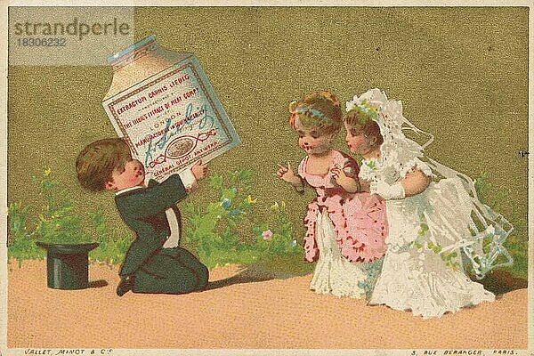 Serie Genrebilder 5 (1873 bis 1878) (Paris) Bräutigam bringt ein Liebig Glas zu seiner Braut und ihrer Mutter  Geschenk  Liebigbild  historisch  digital restaurierte Reproduktion eines Sammelbildes von ca 1900