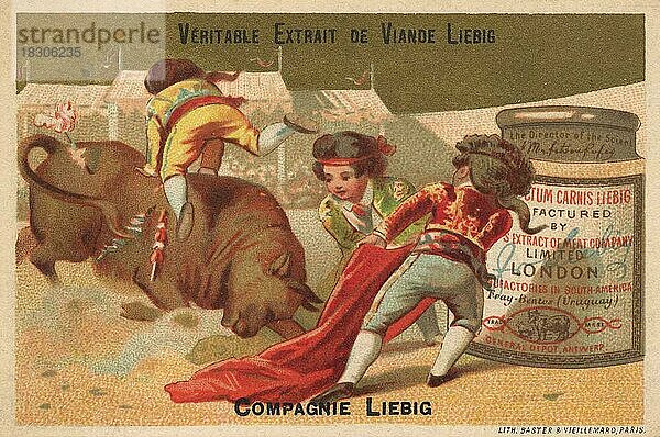 Serie Genrebilder X.  Spanien  spanische Volksszenen  Paris  1878  Stierkampf  Liebigbild  historisch  digital restaurierte Reproduktion eines Sammelbildes von ca 1900  Europa