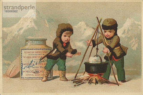 Serie Genrebilder 2 (1873 bis 1878) (Paris) Kinder im Winter  kochen auf einem Lagerfeuer eine Liebig Suppe  zwei Eskimoknaben  Liebigbild  historisch  digital restaurierte Reproduktion eines Sammelbildes von ca 1900