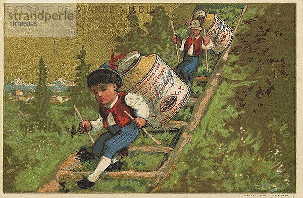 Serie Genrebilder IX  Paris  1878  Tiroler Männer mit Liebigtöpfen auf Bergtreppe  Liebigbild  historisch  digital restaurierte Reproduktion eines Sammelbildes von ca 1900