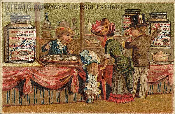 Serie Genrebilder Xi.  Paris  1878  Familie beim Einkaufen  Liebigbild  historisch  digital restaurierte Reproduktion eines Sammelbildes von ca 1900
