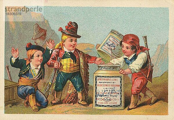 Serie Genrebilder 1 (1873 bis 1878) (Paris) Kinder als drei spanische Wegelagerer  Liebigbild  historisch  digital restaurierte Reproduktion eines Sammelbildes von ca 1900