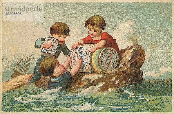 Serie Genrebilder 2 (1873 bis 1878) (Paris) Schiffbrüchige Kinder haben ein Liebig Glas auf einen Felsen gerettet  drei Kinder auf dem Riff  Liebigbild  historisch  digital restaurierte Reproduktion eines Sammelbildes von ca 1900