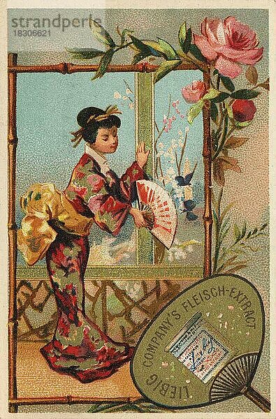 Bilderserie Chinesen I (1880) (Paris)  Frau mit Fächer  Liebigbild  historisch  digital restaurierte Reproduktion eines Sammelbildes von ca 1900