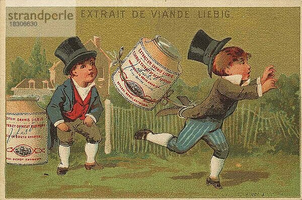 Serie Genrebilder IX  Paris  1878  Knabe flieht mit Liebigtopf am Rockzipfel  Liebigbild  historisch  digital restaurierte Reproduktion eines Sammelbildes von ca 1900