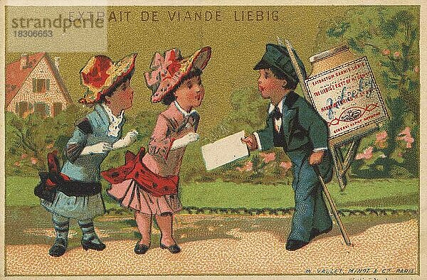 Serie Genrebilder VIII  Paris  1878  Bote mit Kiepe übergibt einen Brief  Liebigbild  historisch  digital restaurierte Reproduktion eines Sammelbildes von ca 1900