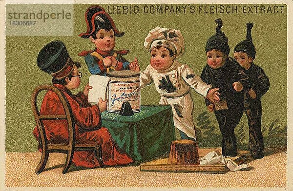 Bilderserie Diebstahl I.  zwei Pierrots  1878  Paris  vor dem Richter  Liebigbild  historisch  digital restaurierte Reproduktion eines Sammelbildes von ca 1900