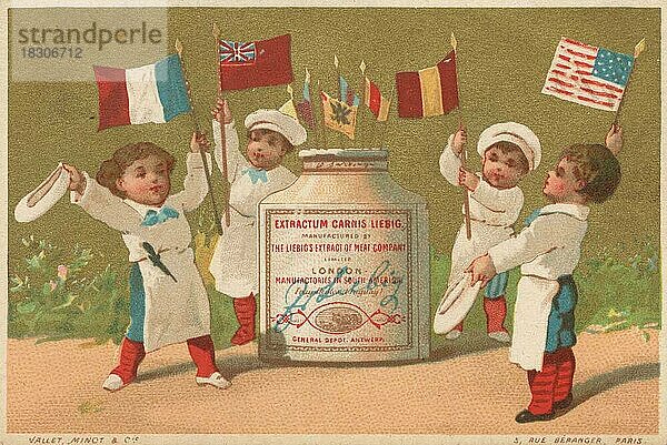 Serie Genrebilder 4 (1873 bis 1878) (Paris) Liebig Glas symbolisch als internationales Produkt  Kinder  vier Köche mit Fahnen  Liebigbild  historisch  digital restaurierte Reproduktion eines Sammelbildes von ca 1900