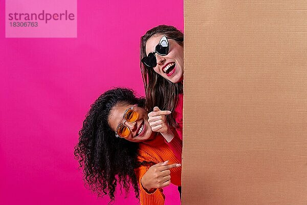 Zwei lächelnde schöne Freundinnen halten ein Pappschild auf einem rosa Hintergrund