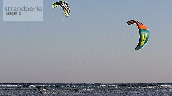 Zwei Kitesurfer  in Bewegung  Kites in der Luft  Südosten  Jandia  Sandstrände  blauer wolkenloser Himmel  Fuerteventura  Kanarische Inseln  Spanien  Europa