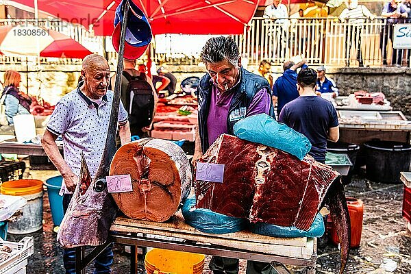 Schwertfische  historischer Fischmarkt La pescheria mit einer Fuelle bunter Meerestiere  Catania  Catania  Sizilien  Italien  Europa