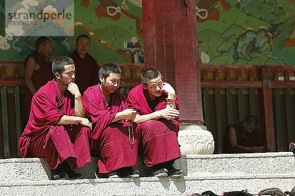 Mönche auf einer Treppe im tibetischen Labrang Kloster  Xiahe  Provinz Gansu  China  Asien