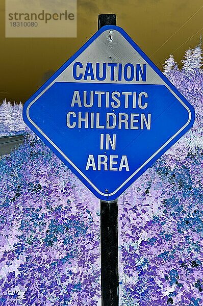 Vorsicht autistische Kinder in der Umgebung  Straßenschild  Elliston  Neufundland  Kanada  negatives Konzept zur Veranschaulichung autistischer Symptome  Nordamerika