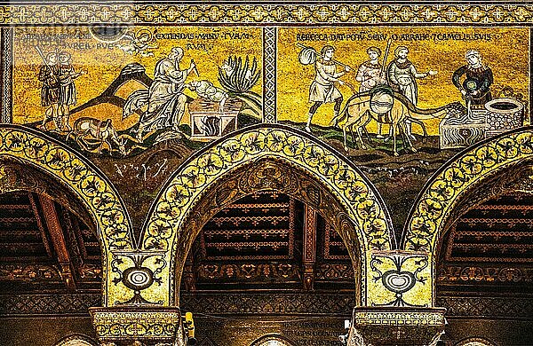 Abraham will Isaak opfern  byzantinische Goldgrundmosaiken  Kathedrale von Monreale  Santa Maria Nuova  Sizillien  Monreale  Sizilien  Italien  Europa