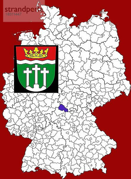 Landkreis Rhön-Grabfeld  in Bayern  Lage des Landkreis innerhalb von Deutschland  Wappen  mit Landkreiswappen (nur redaktionelle Verwendung) (amtliches Hoheitszeichen) (werbliche Nutzung gesetzlich beschränkt)