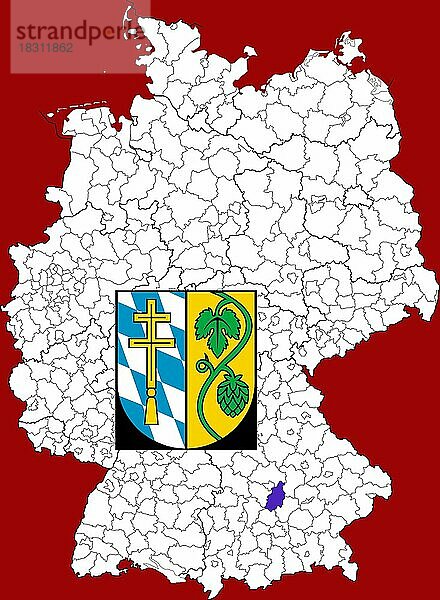 Landkreis Pfaffenhofen an der Ilm  in Bayern  Lage des Landkreis innerhalb von Deutschland  Wappen  mit Landkreiswappen (nur redaktionelle Verwendung) (amtliches Hoheitszeichen) (werbliche Nutzung gesetzlich beschränkt)